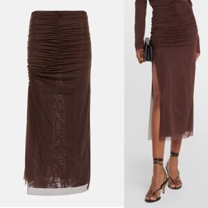 SIR. Jacques Gathered Mesh Midi Skirt Chocolate Brown